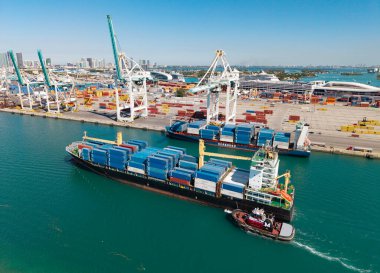 Miami, Florida, ABD - 20 Mart 2025: Kargo Savaş Balinası Limasol gemisi Miami havalimanında. Kargo gemisinde nakliye konteynırı. Kargo gemisi. Miami limanı. Konteyner gemisi.