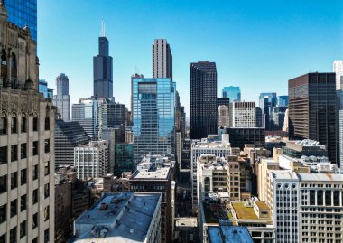 Chicago şehir merkezi silueti. Modern iş şehri manzarası. Business City bölgesiyle şehir manzarası. Chicago şehir manzarası gökyüzü mimarisi. Gökdelen iş alanı. Chicago şehir manzarası.