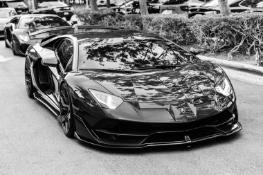 Miami Beach, Florida USA - 8 Haziran 2024 Lamborghini Aventador SVJ Roadster Miami sahilinde. Lamborghini lüks bir İtalyan otomobil üreticisi. Yavru Lamborghini Aventador SVJ Roadster