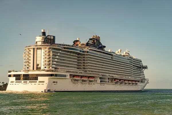 Tatilde denize açılan yolcu gemisinin görüntüsü. Gemi seyahati ve deniz seyahati. Kocaman bir yolcu gemisi. Gemi Miami sahil limanından ayrılıyor. Gemi seyahati.