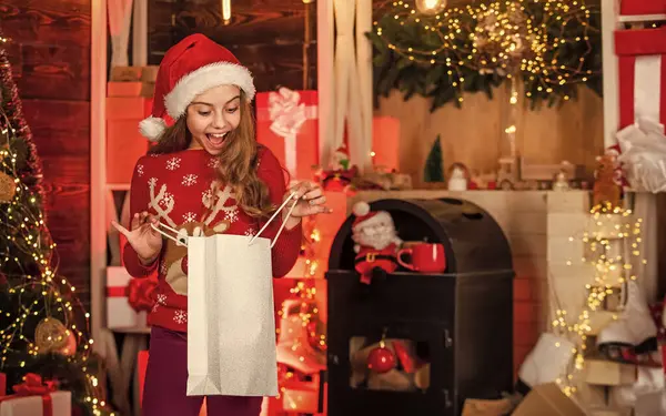 Tatil alışverişi tasarrufu. Hediyelik eşya ve dekor al. Evden alışveriş. Alışveriş torbalı küçük bir kız. Alışveriş merkezi konsepti. Satış ve indirimler. Yetenekli küçük kız. Kış alışverişi. Noel indirimi.