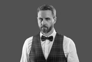 Yakışıklı, karizmatik garson smokin giyer, şık papyon giyer ve gri renkte klasik üniforma giyer..