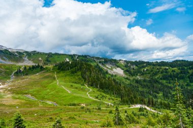 Bulutlu gökyüzü olan vadi manzarası. Yeşil Tepe Dağı manzaralı. Seyahat güzergahı. Vahşi dağda, orman ve yeşil yamaçlarla nefes kesici bir yaz. Geniş çayırlı dağ manzarası.