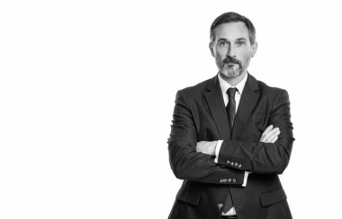 İşadamı beyazdan izole edilmiş. İş başarısı. Takım elbiseli başarılı bir CEO. Kendine güvenen bir girişimci. Çatışma çözümü. İş liderliği. Profesyonel, olgun CEO başarısını ifade ediyor..