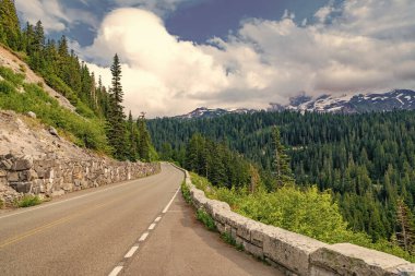 Gezgin şehvetinin zirvesi. Macera gezisi. Yolculuk güzergahı. Yol kenarlı manzara manzarası. Turistik uzak güzergah. Seyahat güzergahı. Dağ doğasında yol. Maceraya giden turistik rota.