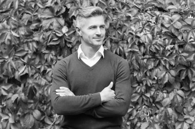 Gülümseyen olgun iş adamı. Sonbahar portresi. Sonbahar parkındaki iş adamı. Kafkasyalı bir adamın günlük bir tarzı vardır. Olgun erkek portresi. Açık havada bir iş adamı portresi. Güven ve başarı..