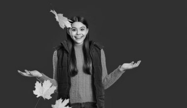 Sonbahar yaprakları ve kırmızıda izole edilmiş mutlu genç kız. Genç kız sonbahar akçaağaç yaprağını tutuyor. Düşen yapraklar. Sonbahar tarzı akçaağaç yapraklı bir kız. Sonbahar modası. Sonbahar sezonu. Eğleniyorum..