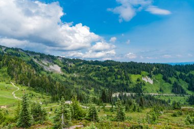 Bulutlu gökyüzü olan vadi manzarası. Yeşil Tepe Dağı manzaralı. Seyahat güzergahı. Vahşi dağda, orman ve yeşil yamaçlarla nefes kesici bir yaz. Geniş çayırlı dağ manzarası.