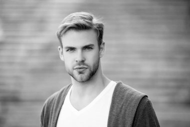 Adamın şık saçları var. Moda görünümlü saçlı bir adam. Sıradan bir erkek portresi. Erkek saç stili. Milenyum portresi. Genç milenyum adamı. Şık bir erkek portresi. Sıradan bir erkek stili..