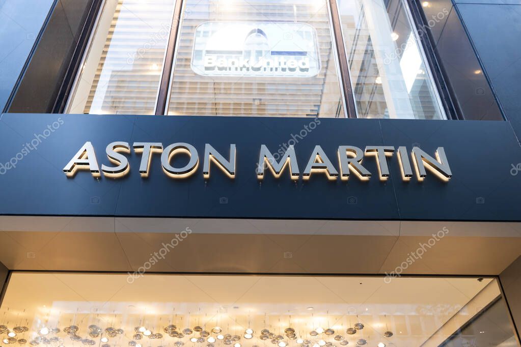 New York, USA - August 09, 2023: Aston Martin brand logo. Logo trademark brand of sport automobile company named Aston Martin. Logotype of Aston Martin.
