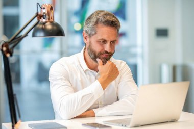 Görevde başarılı bir iş adamı. Ofis müdürü patron. Takım elbiseli iş adamı. Büyük patron. Dizüstü bilgisayarı olan bir iş adamı. İşletme bürosundaki iş adamı. İş başarısı. Ofis işi sahnesi.