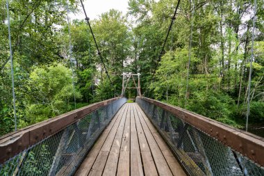 Macera rotası. Asma köprü. Seyahat güzergahı. Varış yolu. Dışarıdaki turistik patika. Ormanda köprünün üzerinde yol var. Orman halat köprüsü.