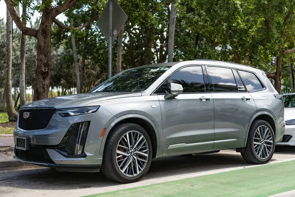 Miami, Florida, ABD - 02 Nisan 2025: Cadillac XT6 2023 lüks SUV araba. Lüks SUV Cadillac XT6. Cadillac XT6 dışarıda park halinde. Gümüş rengi gri SUV, yan görüş..
