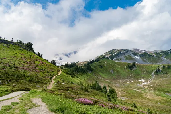 Bulutlu gökyüzü olan vadi manzarası. Yeşil Tepe Dağı manzaralı. Seyahat güzergahı. Vahşi dağda, orman ve yeşil yamaçlarla nefes kesici bir yaz. Geniş çayırlı dağ manzarası.