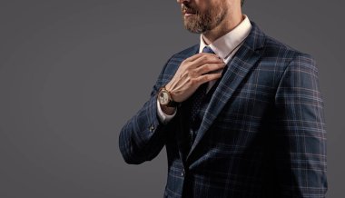 Zaman doldu. Gri üzerine izole edilmiş zarif bir iş adamı. Erkek aksesuarı. Kravatlı bir iş adamı lüks bir saat. Pahalı bir kol saati. Takım elbiseli adam ve saat. Zarif saat aksesuarı. Boşluğu kopyala.