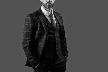 Gri üzerine kravat takılmış resmi takım elbise ceketi. İş adamı ceketli adam. İş elbisesi. Resmi erkek giyim konsepti. Formalite icabı giyinmiş bir adam. Zarif takım elbiseli bir iş adamı. Reklam..