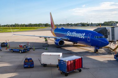 Miami, Florida, ABD - 06 Ağustos 2025: Southwest Havayolları. Boeing 737 MAX. Havayolu için uçak terminali. Güneybatı havayolu uçağı havaalanından kalkıyor. Havaalanı terminali. Uçak geliyor, tatil.