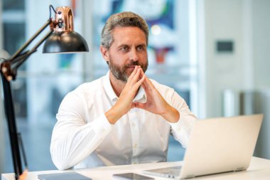 Ofis müdürü patron. Takım elbiseli iş adamı. Büyük patron. İşadamı ofis çalışanı bilgisayarı. İşletme bürosundaki iş adamı. İş başarısı. Görevde başarılı bir iş adamı. İş raporu okunuyor.