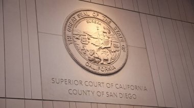 San Diego, Kaliforniya, ABD - 17 Mayıs 2019 San Diego Bölge Yüksek Mahkemesi. Kaliforniya 'nın yüksek mahkemesi. San Diego ilçesi. Bölge Yüksek Mahkemesi 'nin amblemi. Adliye.