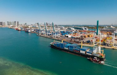 Miami, Florida, ABD - 20 Mart 2025: Kargo Savaş Balinası Limasol gemisi Miami havalimanında. Kargo gemisinde nakliye konteynırı. Kargo gemisi. Miami limanı. Konteyner gemisi.
