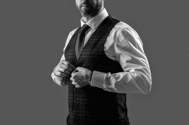 Bespoke takımı. Resmi erkek giyimi. Formalite icabı iş adamı. Kesik manzaralı. Zarif terzilik yeleği giymiş bir iş adamı. Gri kravatlı resmi takım elbise. Erkek giyim kuşamı. Ticari Davranış.