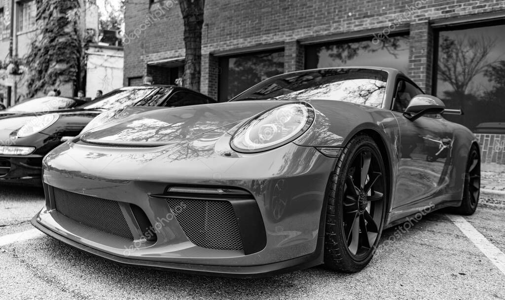 Chicago, Illinois - September 29, 2024: 2018 Porsche 911 GT3. Red 2018 Porsche 911 GT3 parked on the street