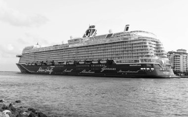 Miami, Florida, ABD - 01 Kasım 2024: Mein Schiff 1 Valletta. Gemi seyahati. Yaz tatilinde gemi turu. Gemi seyahati ve deniz seyahati. Lüks yolcu gemisi akşam aydınlandı..