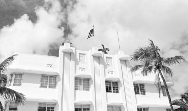 Art Deco mimarisi. Mimari bina. Art deco. Mimari bölge Art Deco. Miami sahilinin modern binası. Okyanus yolculuğu. Ocean Drive, ABD 'deki Miami Plajı.