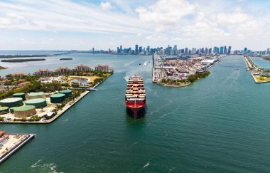 Kargo gemisi denizde, hava manzaralı. Yük konteynırı kargo gemisine yüklendi. Konteynırlı bir hava kargo gemisi. Kargo işi. Konteyner gemisi. Nakliye lojistiği. Ticari nakliye.