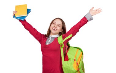 Kız öğrenci beyazdan soyutlanmış. 1 Eylül. Ders çalışma zamanı. Bilgi ve eğitim. Okul eğitimi. Öğrenci hayatı. Genç kız okula geri döndü. Bilgi toplama günü. Üniversitede eğitim. Okul tatili.