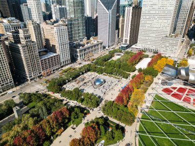 Chicago, Illinois, USA - October 22, 2024: Cityscape aerial. City urban skyline. Chicago city park. Skyscraper and office building at business district. Chicago downtown skyscraper. Street scene.