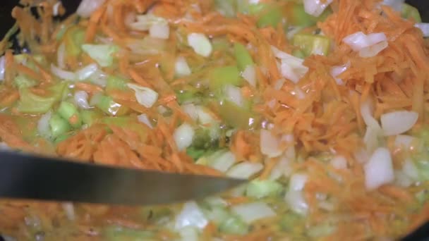 Ніж Перемішує Подрібнену Моркву Цибулю Овочевий Перець Які Смажать Сковороді — стокове відео