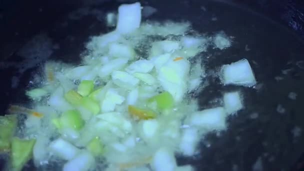 Adding Chopped Vegetables Frying Pan Boiling Sunflower Oil — Stock Video