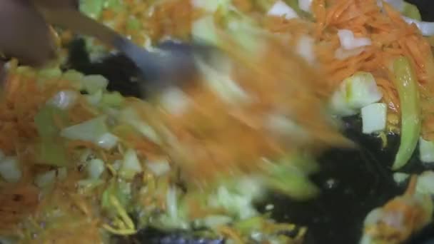 Zanahorias Picadas Cebollas Pimientos Vegetales Mezclan Con Una Cuchara Que — Vídeos de Stock