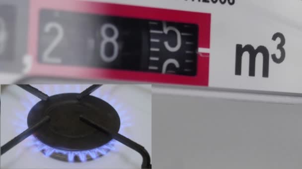 Collage Van Gasmeterwerking Brandende Gasbrander Keukenfornuis Duur Gasconcept — Stockvideo