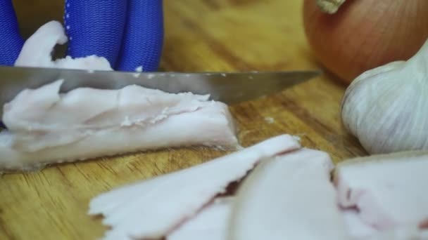 Hand Cuts Fresh Lard Cutting Board Close — Stock Video