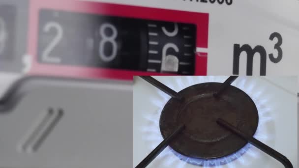 Collage Van Roterende Nummers Gasmeter Brandende Gasbrander Keukenfornuis Duur Gasconcept — Stockvideo