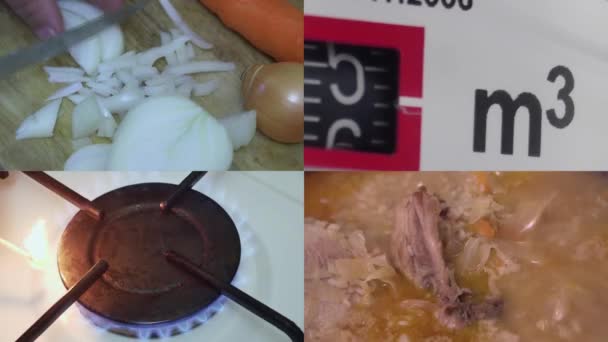 Колаж Лічильника Робочого Газу Спалювач Газу Процес Приготування Їжі Вдома — стокове відео