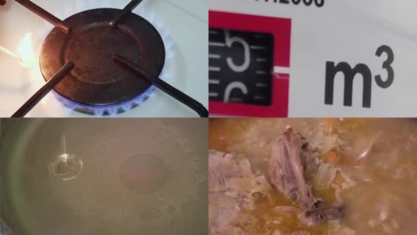 Collage Video Funzionamento Del Contatore Gas Bruciatore Gas Cottura Concetto — Video Stock