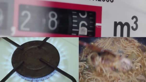 Videocollage Von Funktionierendem Gaszähler Brennendem Gasbrenner Und Kochen Erdgasverbrauchskonzept — Stockvideo