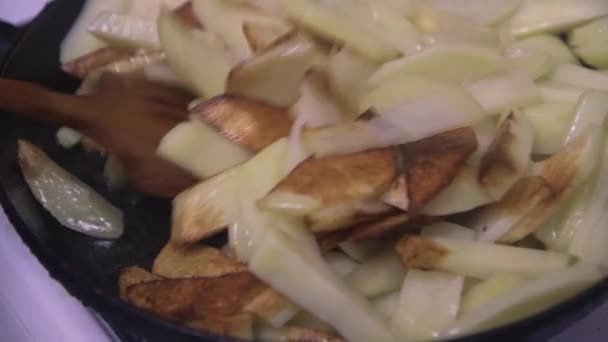 Uma Colher Madeira Mexe Batatas Picadas Uma Panela Ato Fritar — Vídeo de Stock