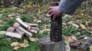 Baltalı bir adam odun kesiyor, kışa hazırlanıyor, yakın plan..