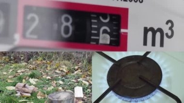  Pahalı benzini terk etme kavramı, çalışan gaz sayaçlarından oluşan bir kolaj, gaz ocağında yanan bir gaz ocağı, ve odun kesme süreci.