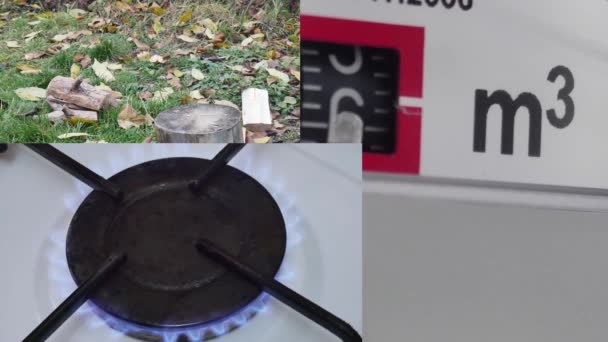 Collage Working Gas Meter Matches Igniting Gas Burner Kitchen Stove — Stock Video