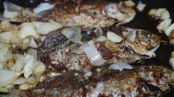 一只木制勺子把鱼和一个皮和洋葱一起放在一个煎锅里 非常接近 — 图库视频影像