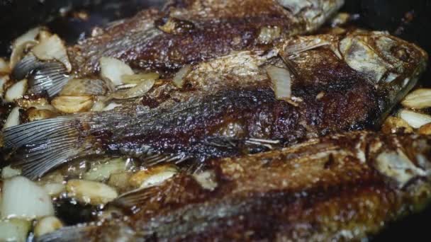 Apetyczna Ryba Słodkowodna Skorupą Frytką Cebulową Patelni Zbliżenie — Wideo stockowe