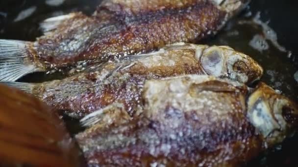 Kochlöffel Kontrolliert Den Fisch Der Pfanne Nahaufnahme — Stockvideo