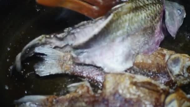 木製のスプーンが鍋に魚をひっくり返し — ストック動画