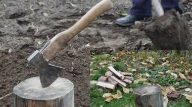 Bir kürekle toprağı kazma ve baltayla odun kesme kolajı..