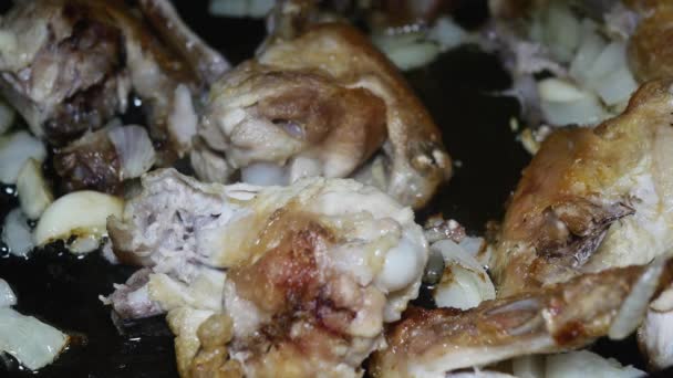 Chicken Wings Chopped Onion Garlic Fry Pan Macro — Stock Video